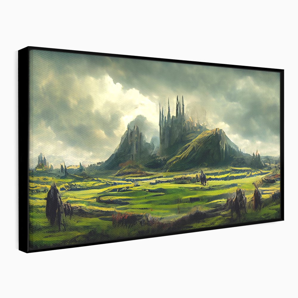 Tablou canvas cu tablou canvas cu cetate medievala si peisaj, in rama de aluminiu negru